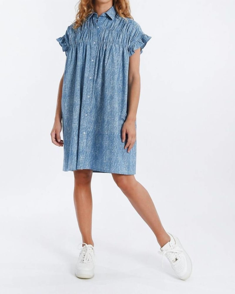 Front of a model wearing a size L Brenna Denim Dress In Blue in Blue by MOLLY BRACKEN. | dia_product_style_image_id:346550